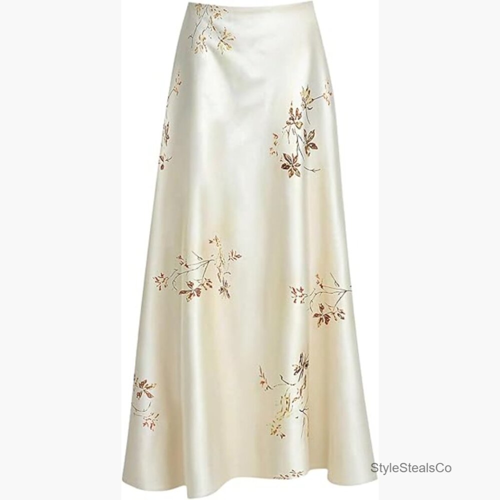 Plus Size Floral Satin Maxi Skirt High Waisted Flared A-Line